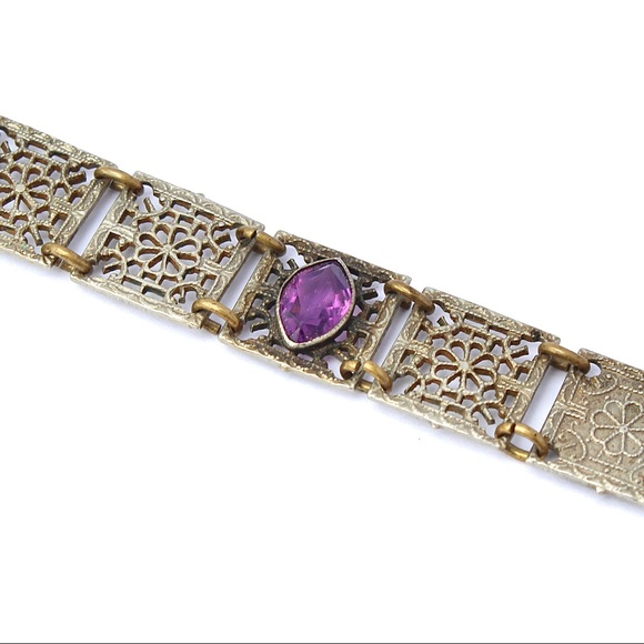 Antique Art Deco Amethyst Glass Panel Bracelet Floral Openwork Square Link - Picture 2 of 5